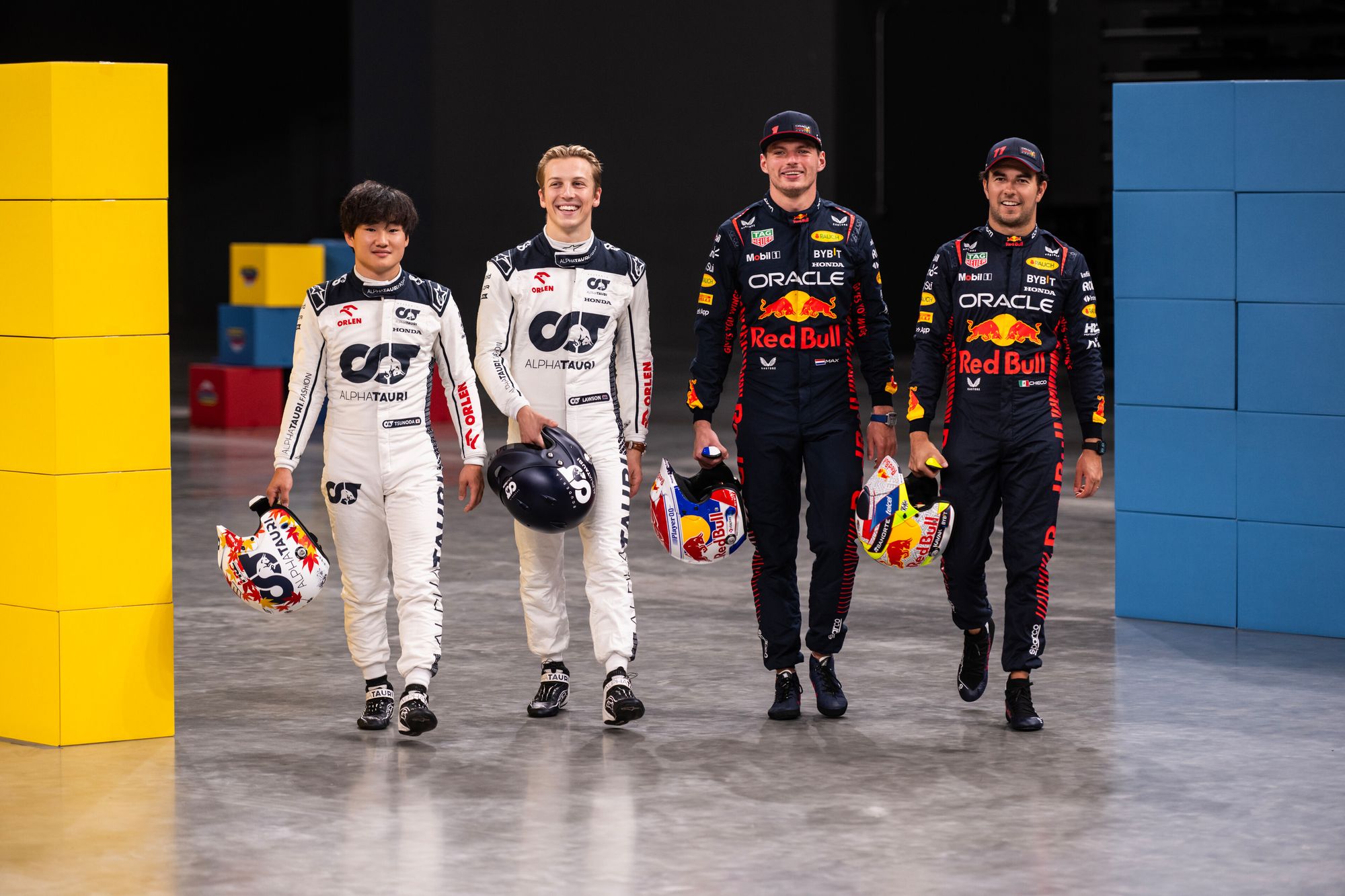 Yuki Tsunoda, Liam Lawson, Max Verstappen, Sergio Perez, F1