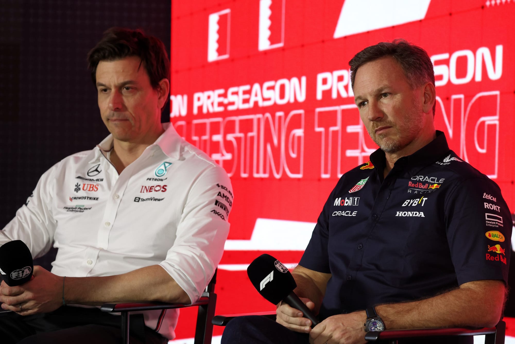 Toto Wolff, Mercedes, and Christian Horner, Red Bull, F1
