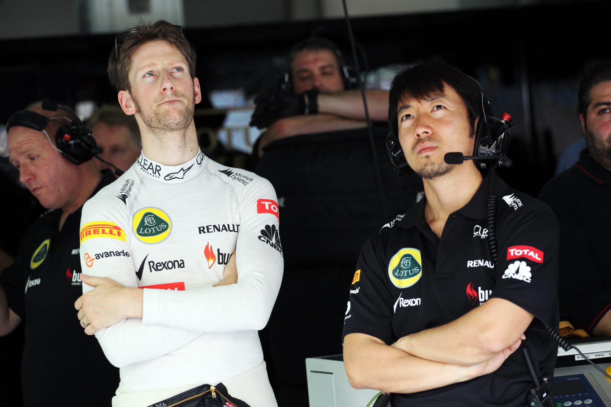 Romain Grosjean and Ayao Komatsu, Lotus, F1