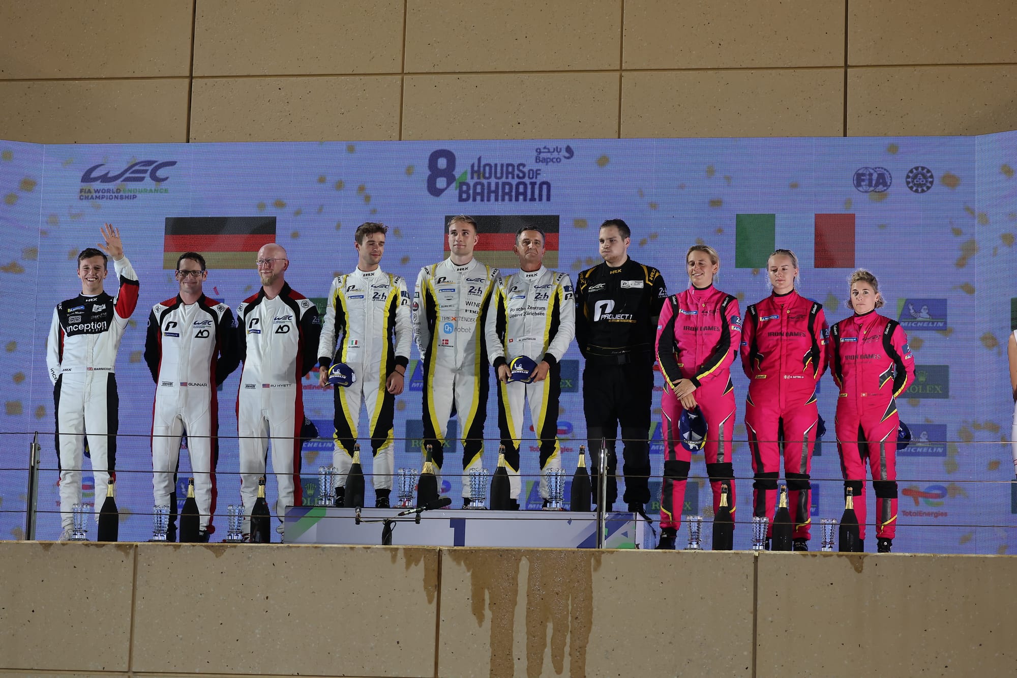 Iron Dames team on the podium, Bahrain WEC, 2022