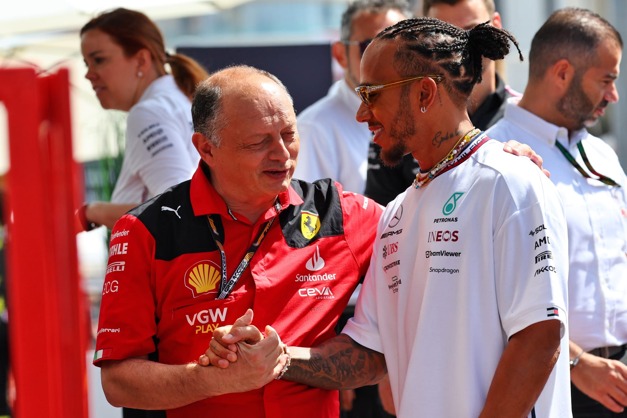 Fred Vasseur, Ferrari, and Lewis Hamilton, Mercedes, F1