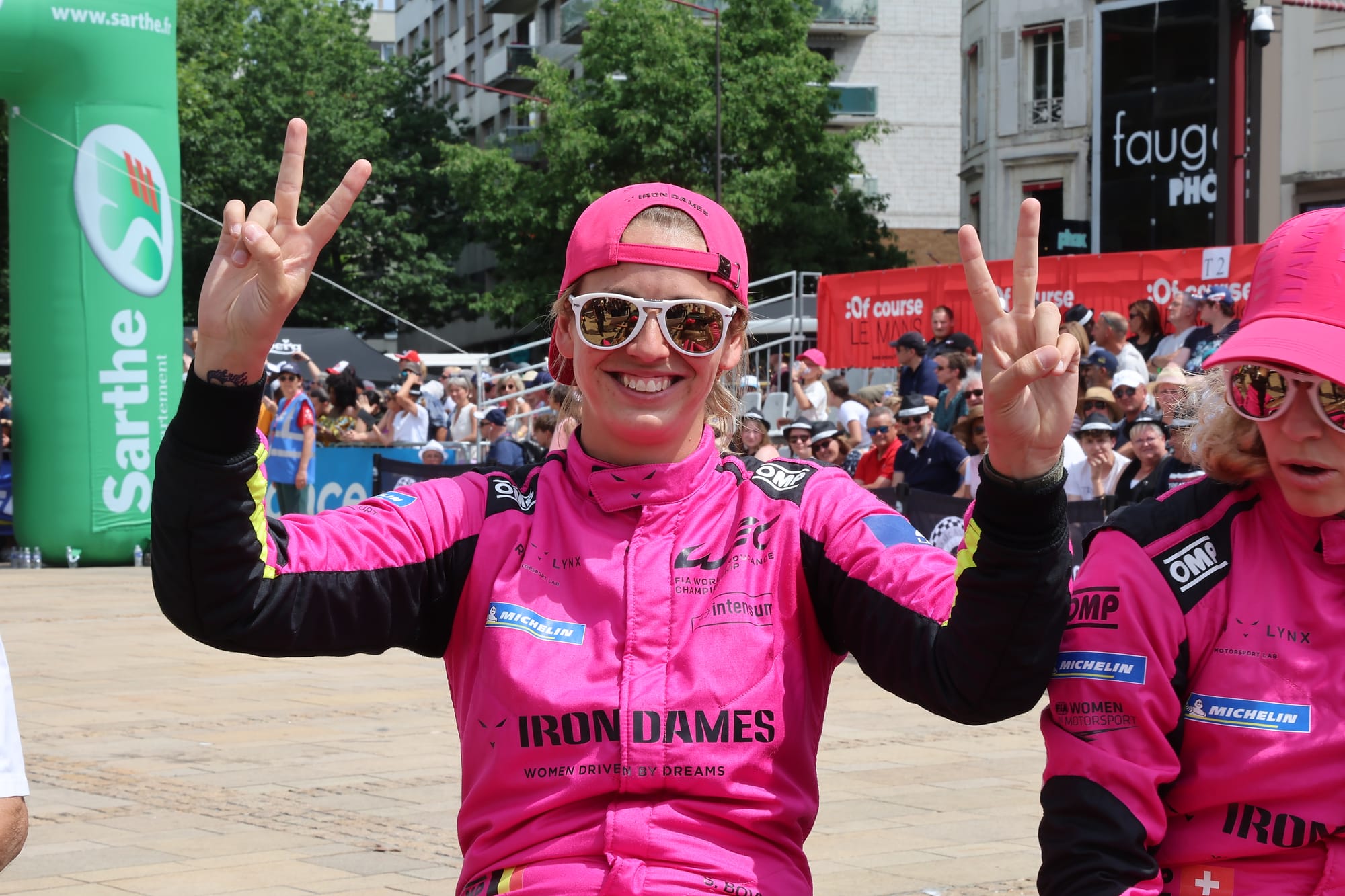 Sarah Bovy with peace signs raised, Le Mans 24 Hours, 2023