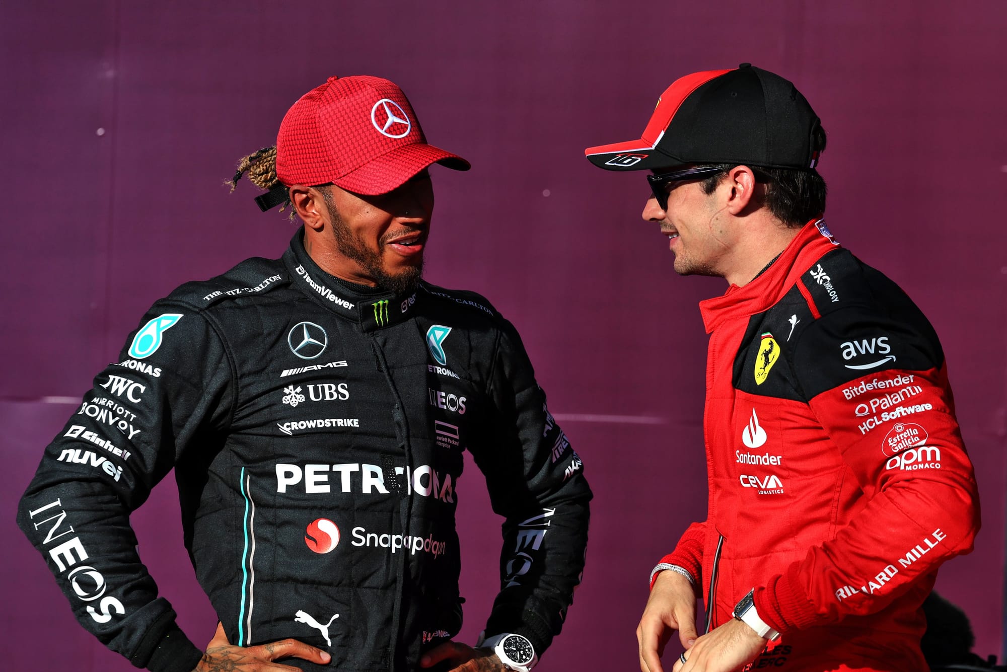 Lewis Hamilton, Mercedes, and Charles Leclerc, Ferrari, F1