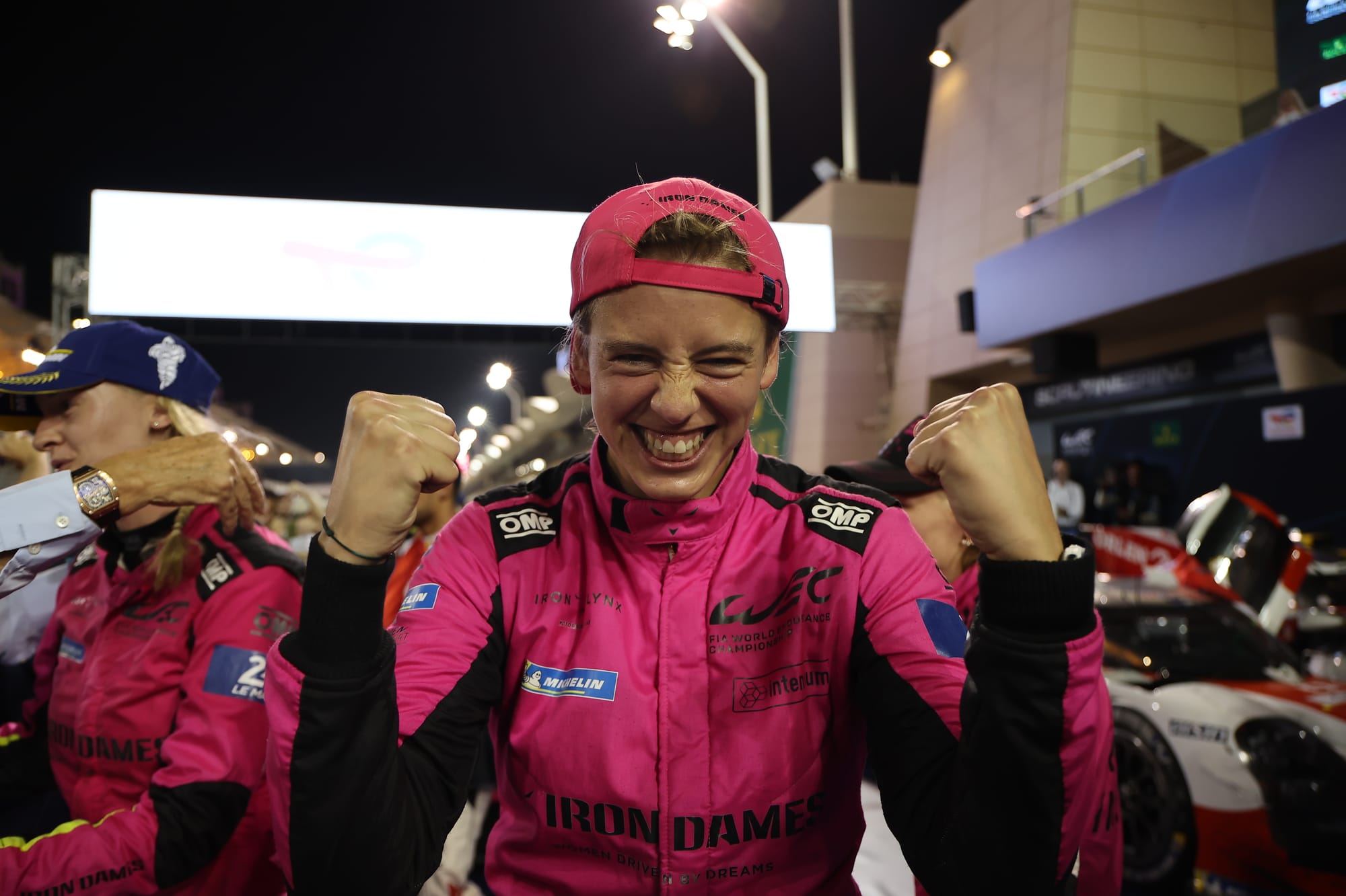 Sarah Bovy celebrates raising clenched fists, Bahrain WEC, 2023