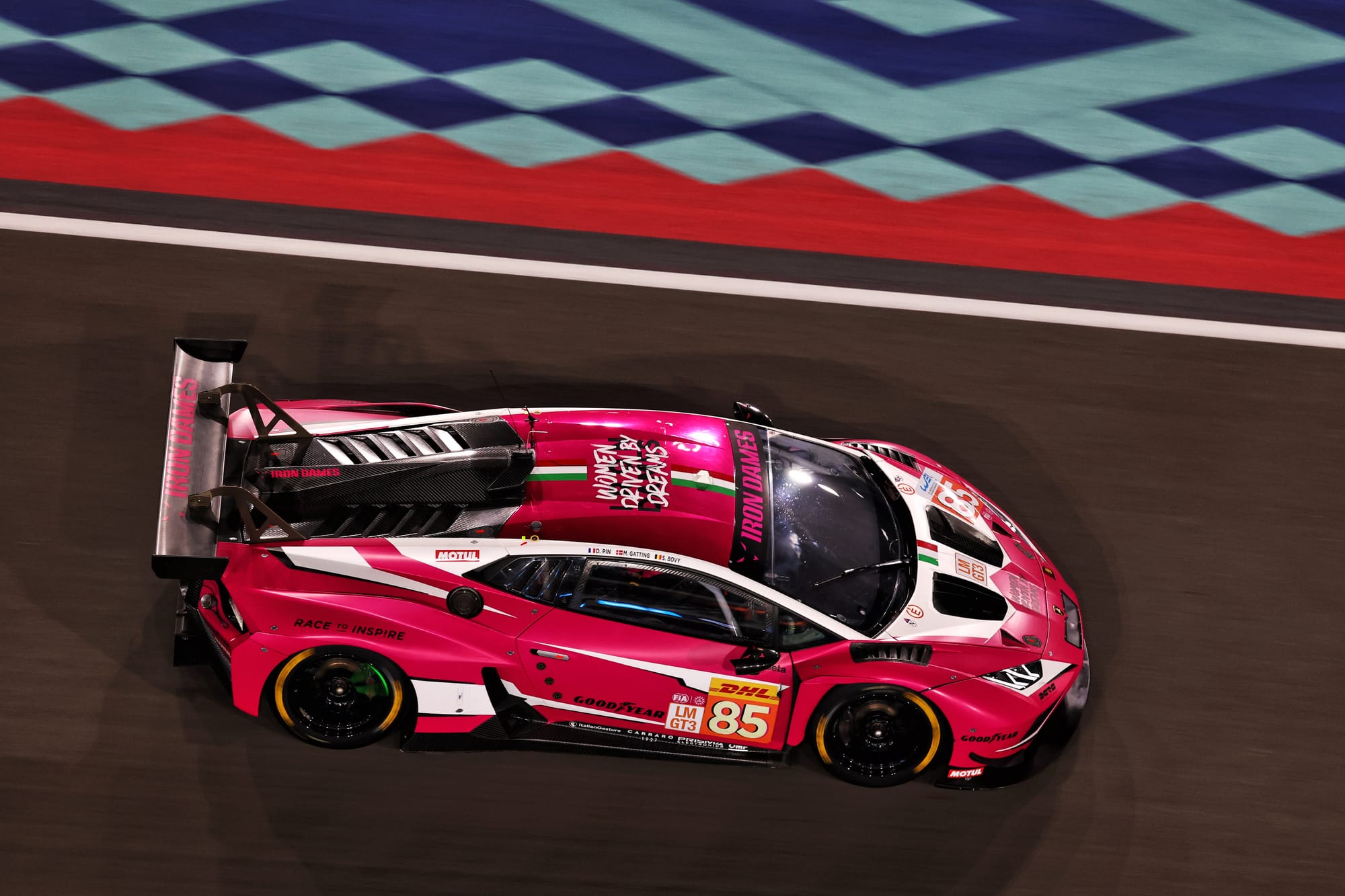 Sarah Bovy, Doriane Pin and Michelle Gatting's pink Lamborghini in Qatar WEC testing