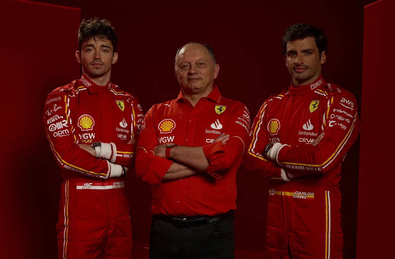 Charles Leclerc, Fred Vasseur and Carlos Sainz, Ferrari, F1