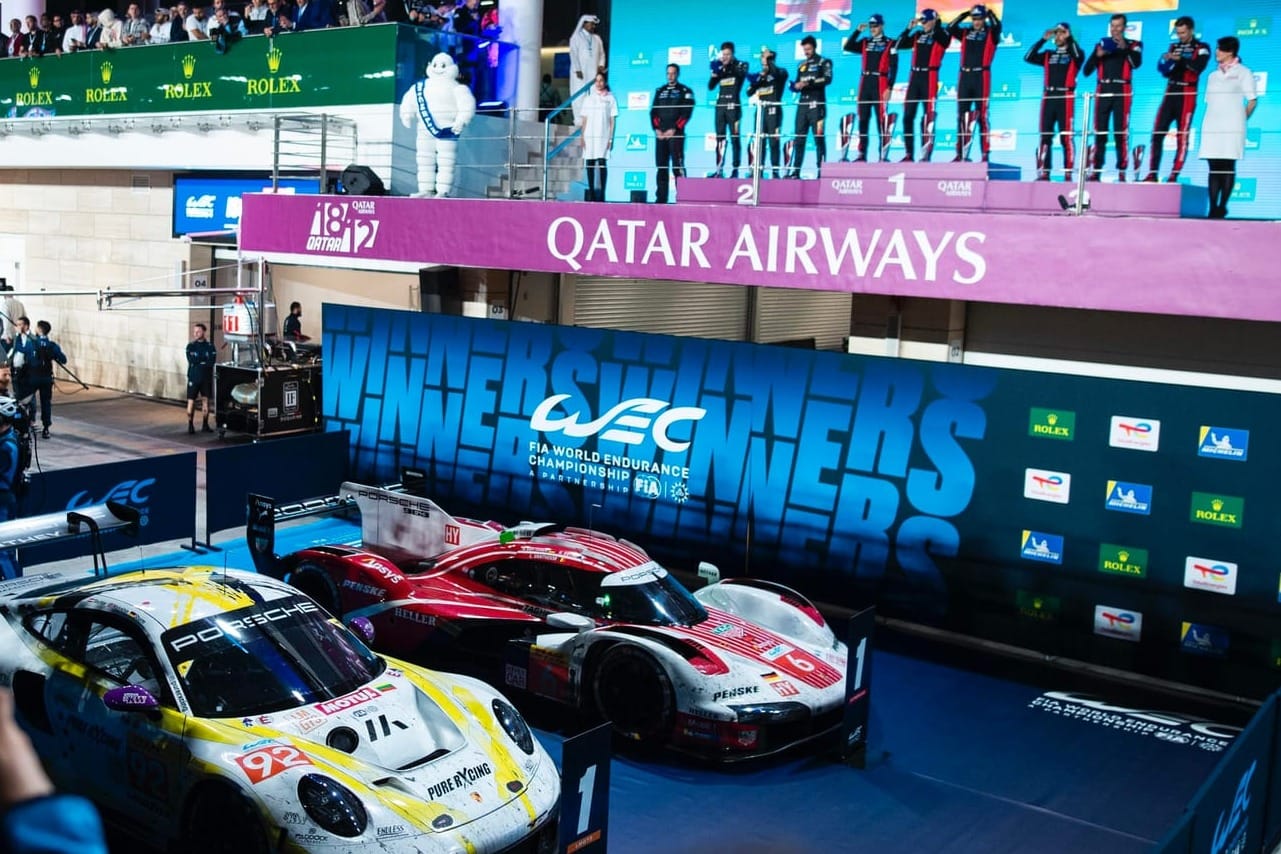 Porsche's #6 963 Hypercar below the podium at the WEC season opener in Qatar