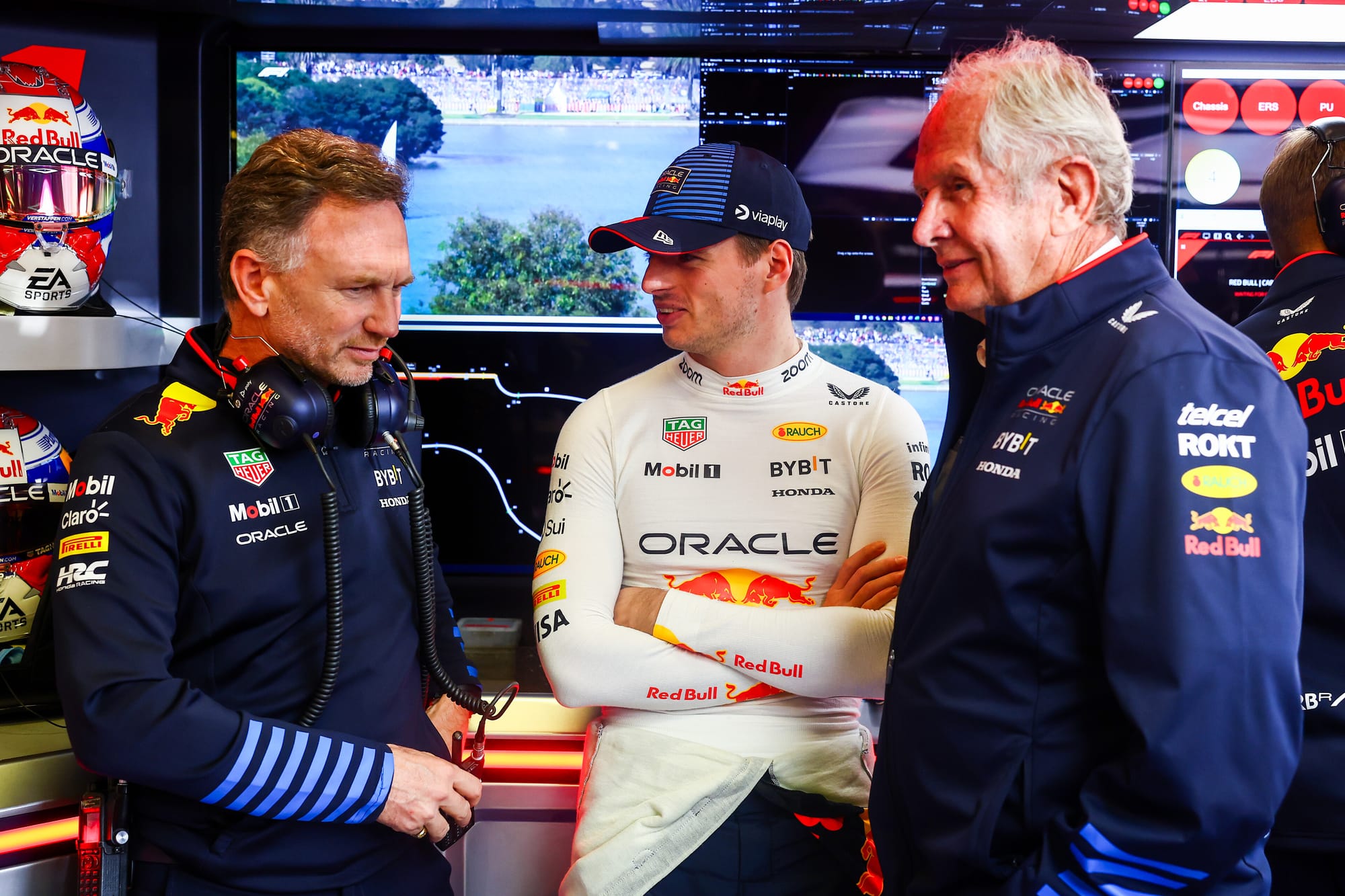 Christian Horner, Max Verstappen and Helmut Marko, Red Bull, F1