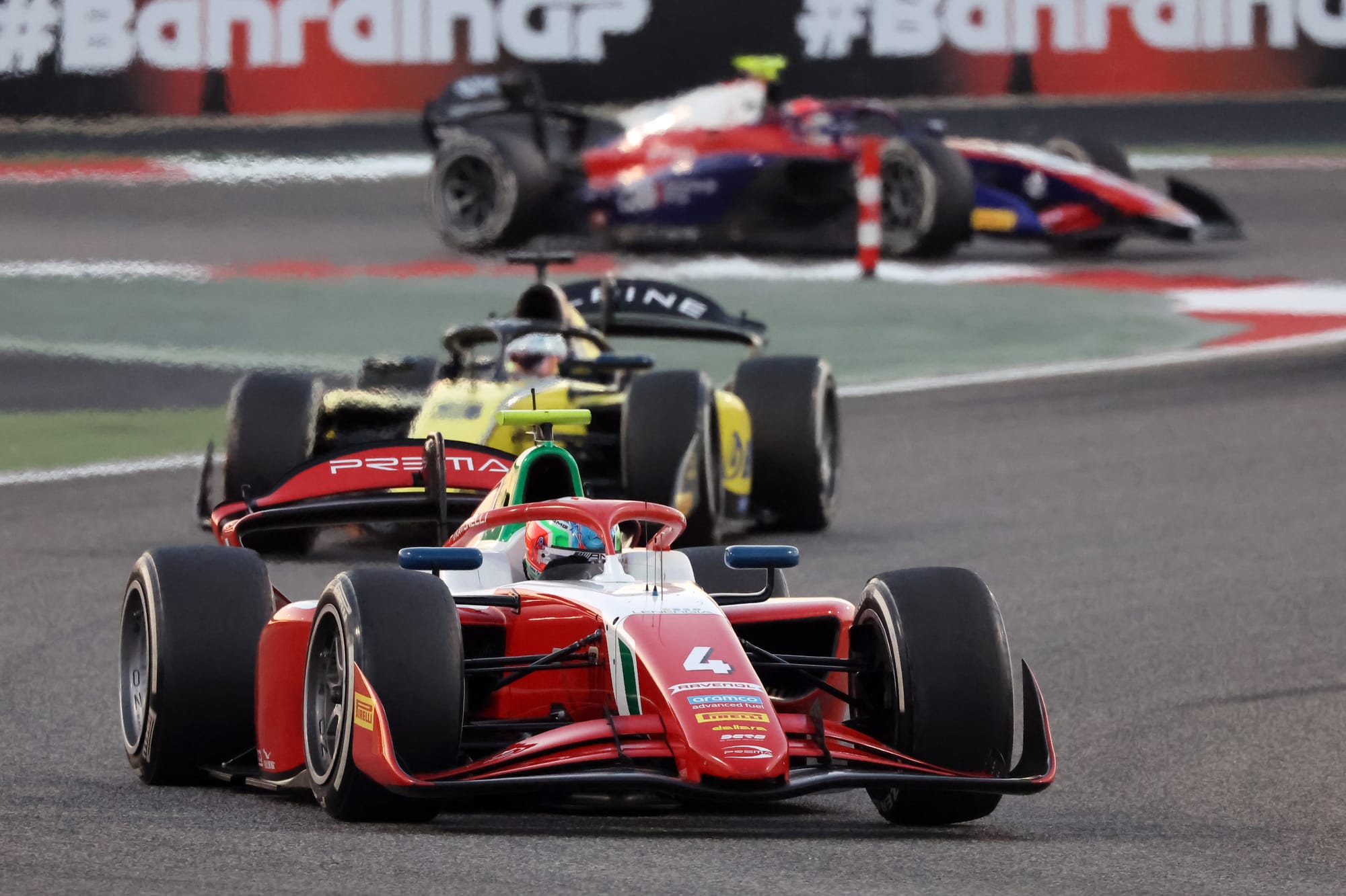 Andrea Kimi Antonelli heading into Turn 3 in Formula 2 at the Sakhir circuit in Bahrain, 2024