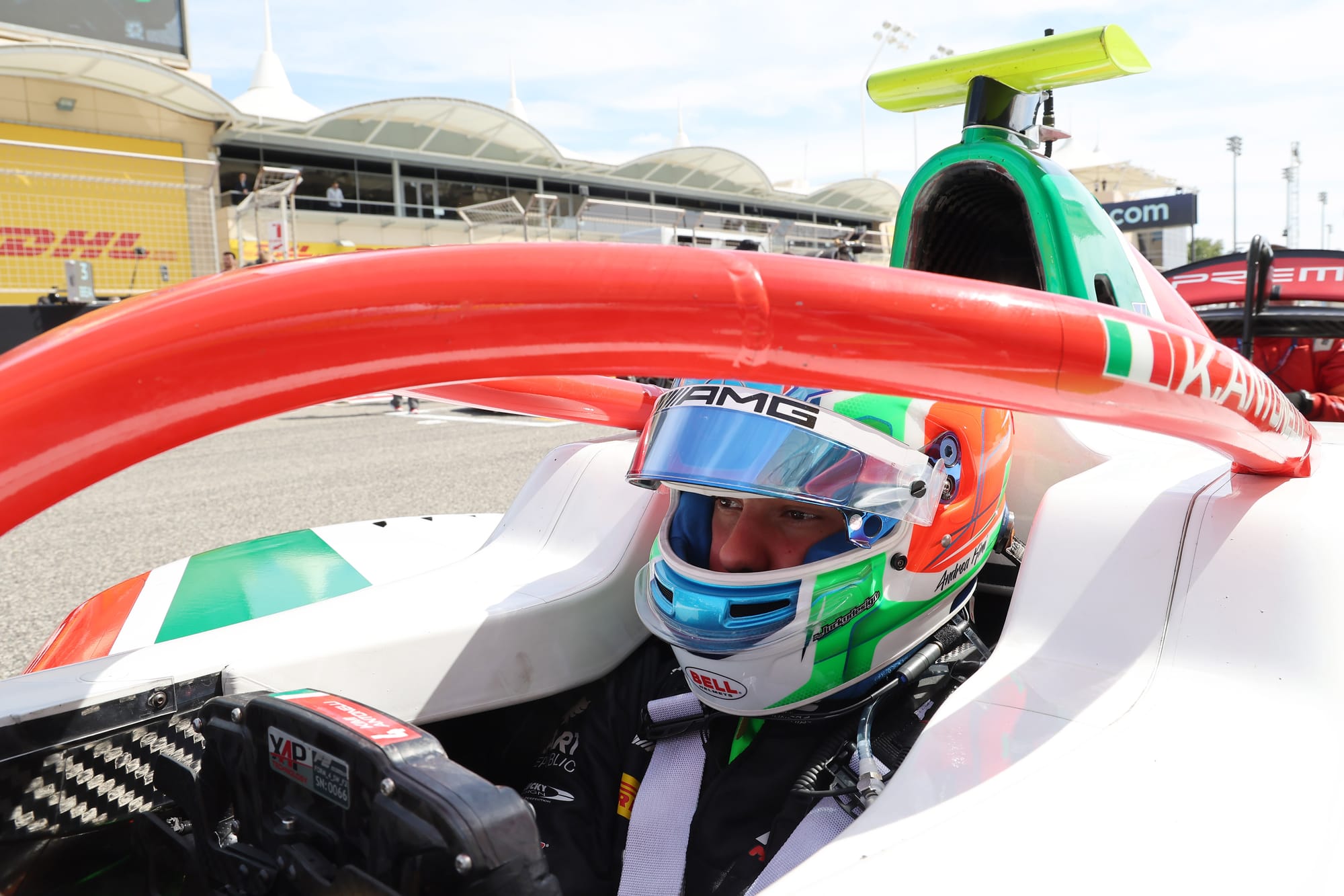 A close up of Andrea Kimi Antonelli in the cockpit of his Prema Racing Formula 2 car at Bahrain, 2024