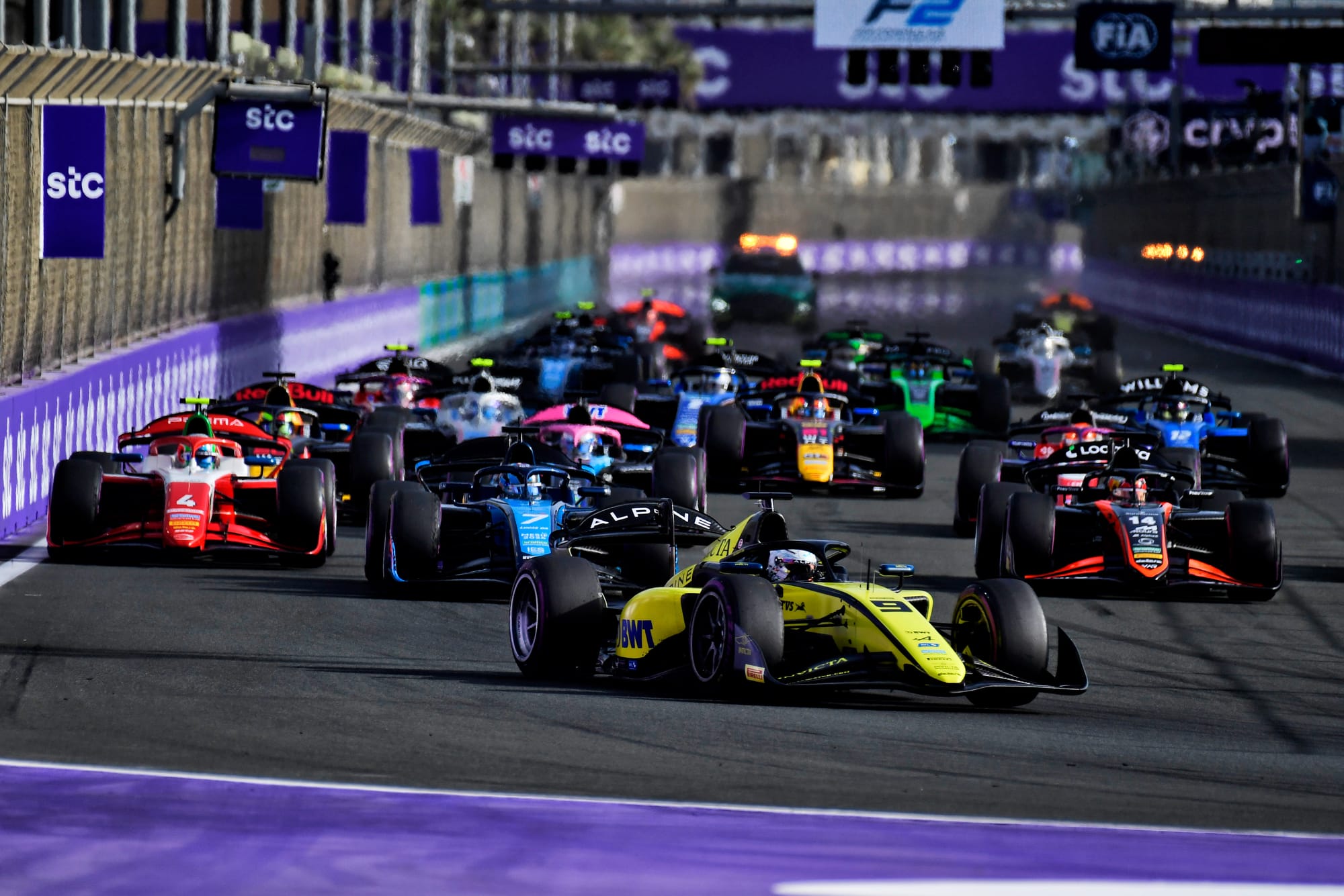Kush Maini leads the Formula 2 field into Turn 1 in the Saudi Arabian Formula 2 sprint race