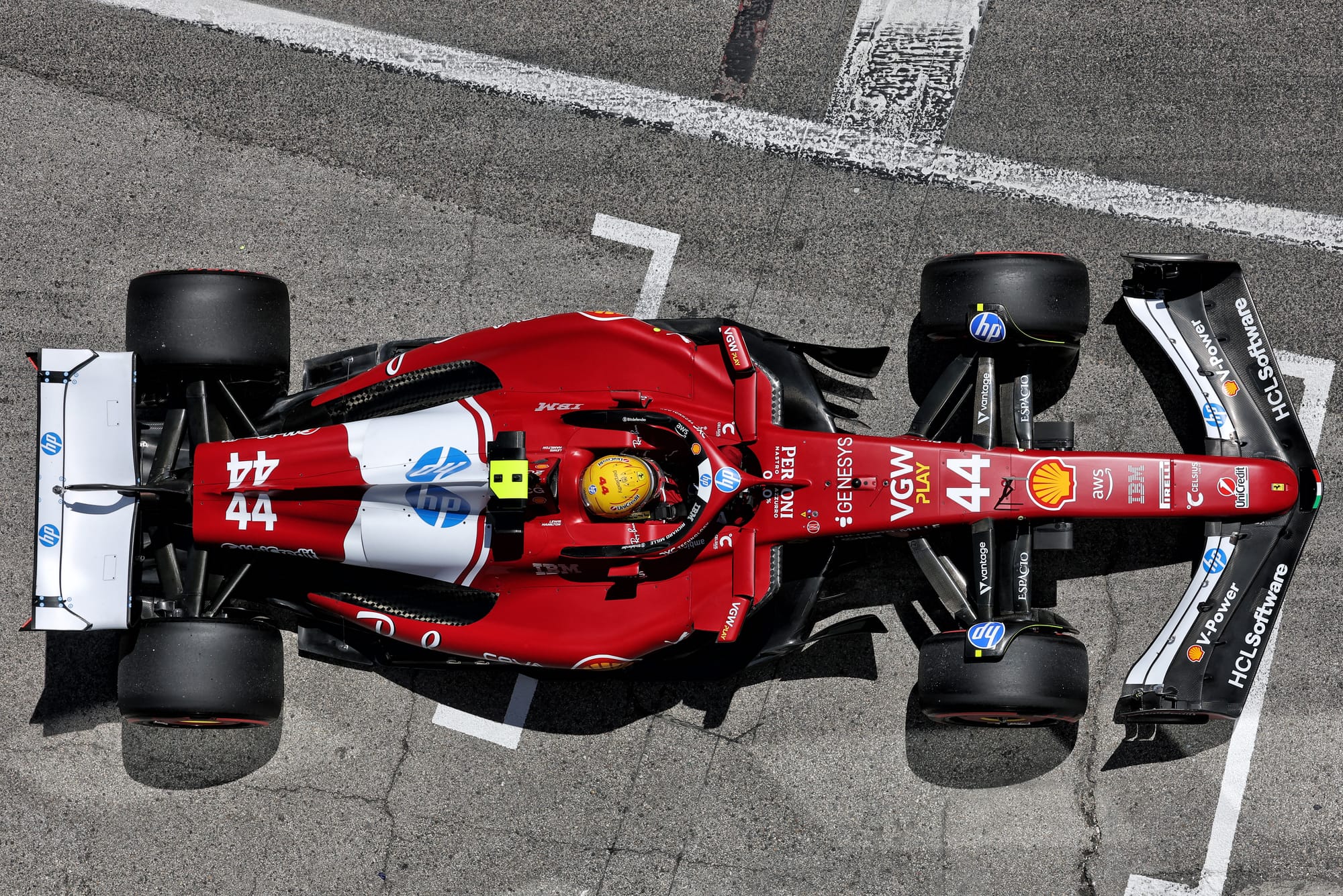 Top down view of Lewis Hamilton's F1 car, Imola 2025