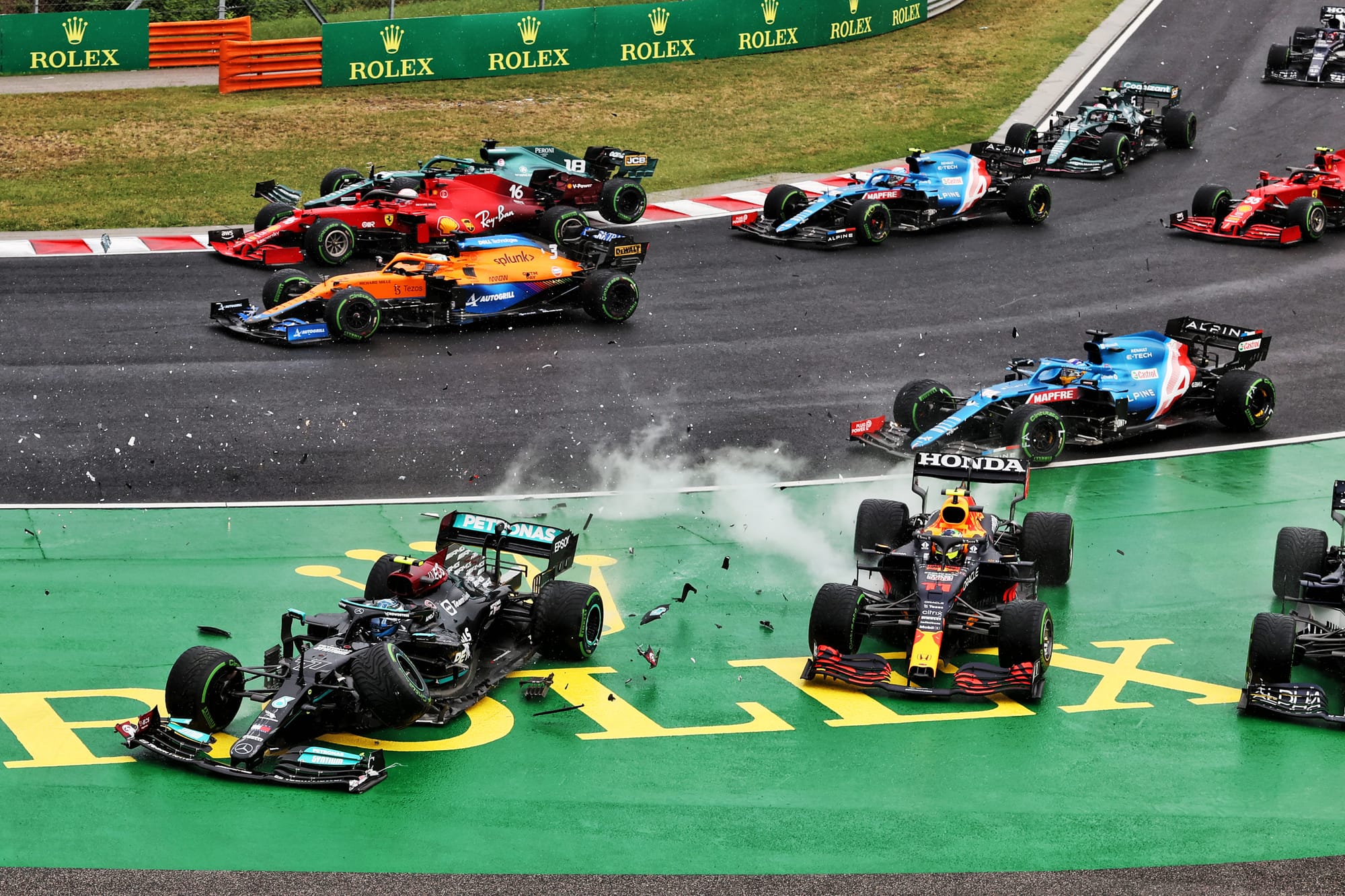 Valtteri Bottas and Sergio Perez in Hungarian Grand Prix 2021 first-corner crash