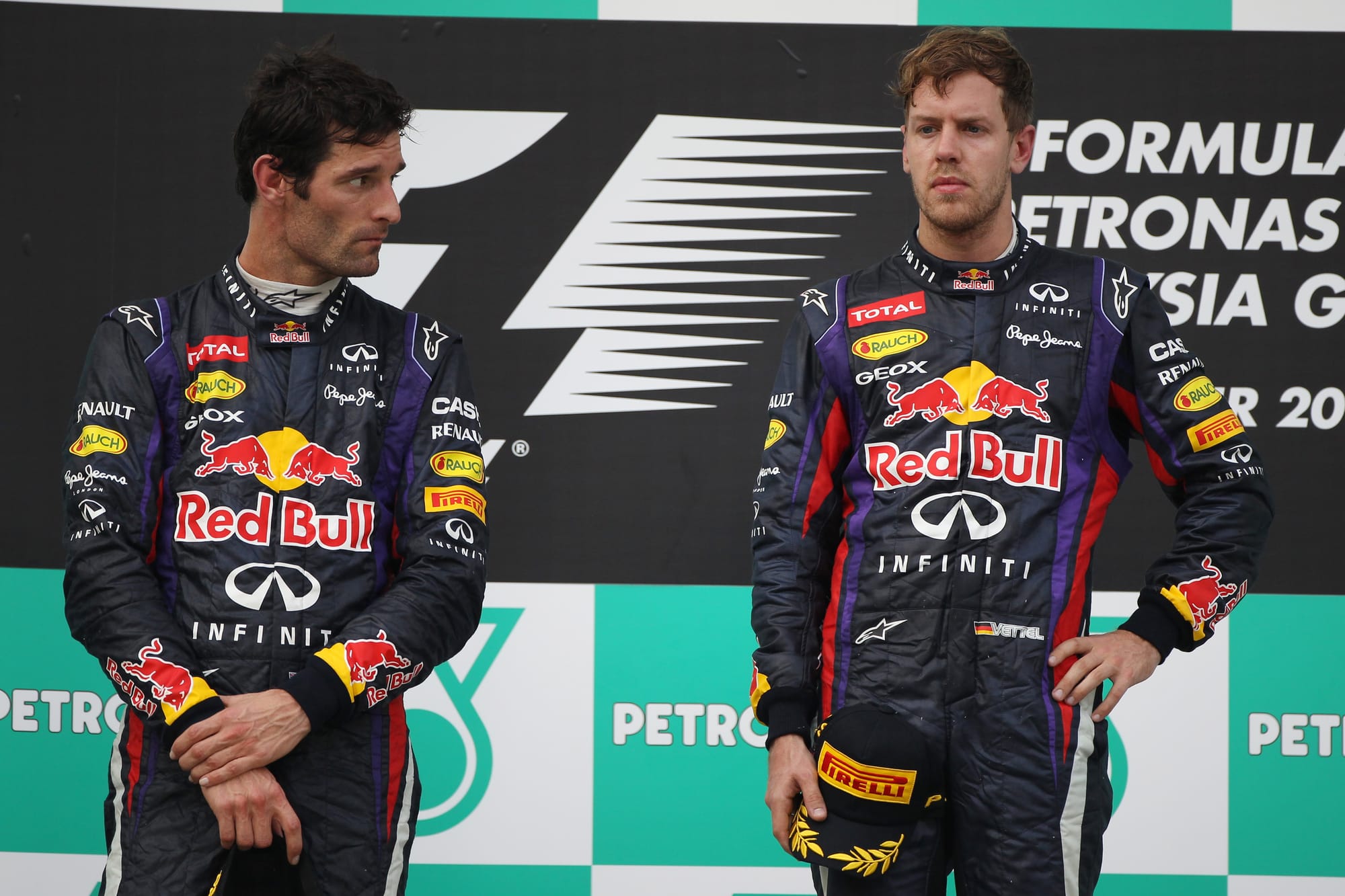 Mark Webber and Sebastian Vettel on the 2013 Malaysian Grand Prix podium