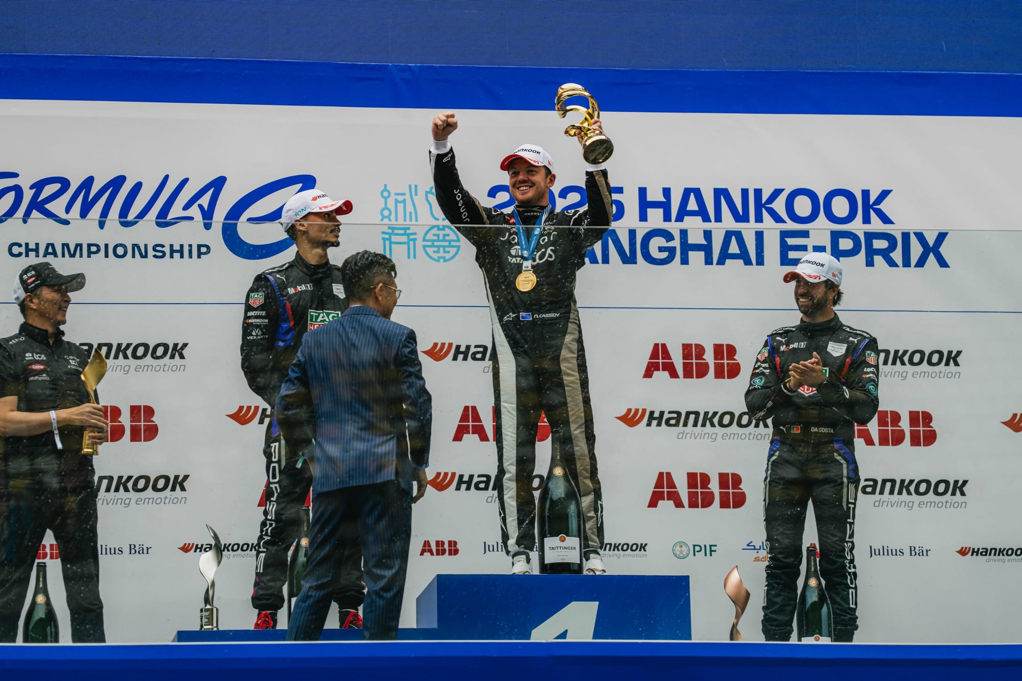 Pascal Wehrlein, Nick Cassidy and Antonio Felix da Costa on the 2025 Shanghai Formula E podium