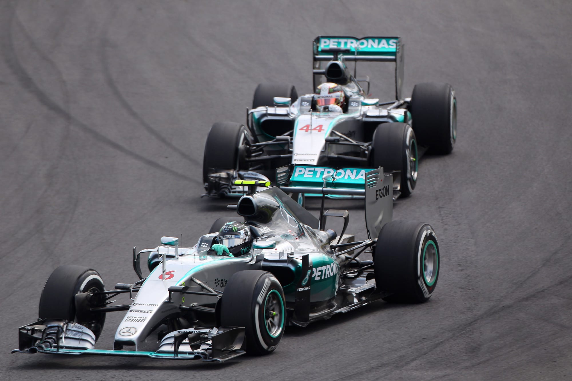 Nico Rosberg and Lewis Hamilton, Mercedes, in the 2015 Brazilian Grand Prix at Interlagos