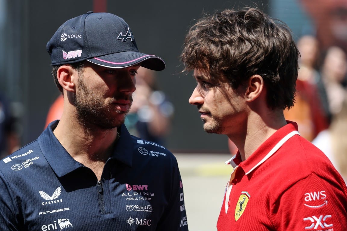 Pierre Gasly, Alpine, and Charles Leclerc, Ferrari, F1