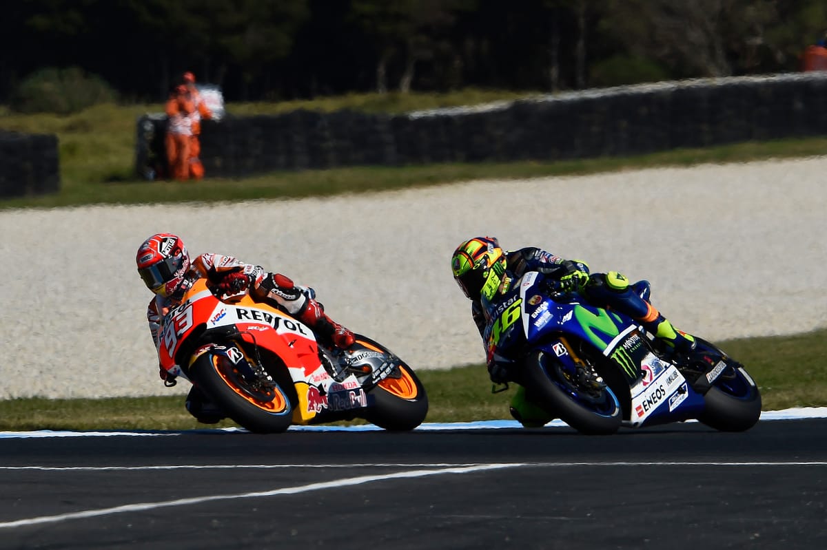 Marc Marquez, Honda, and Valentino Rossi, Yamaha, MotoGP