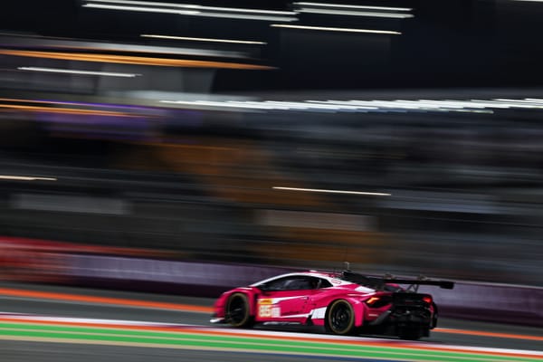 Sarah Bovy, Doriane Pin and Michelle Gatting's pink Lamborghini in Qatar WEC testing