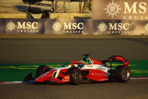 Ollie Bearman's Prema Racing Formula 2 car shines in the twilight in Bahrain, 2024 